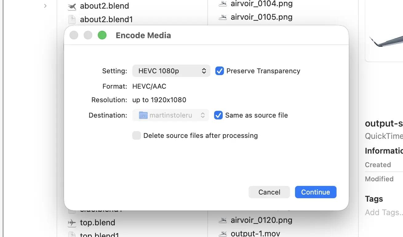 macOS Encode Media dialog with HEVC 1080p and Preserve Transparency selected
