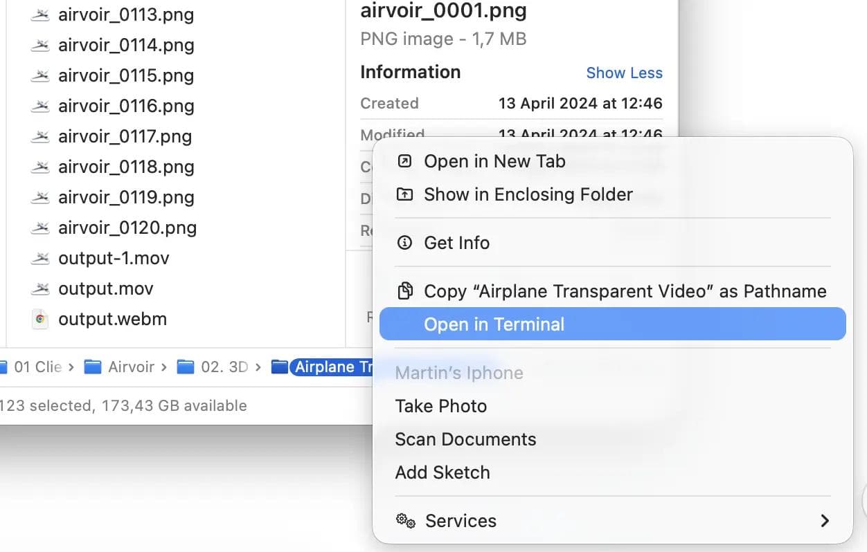Finder contextual menu with Open in Terminal selected for the animation folder