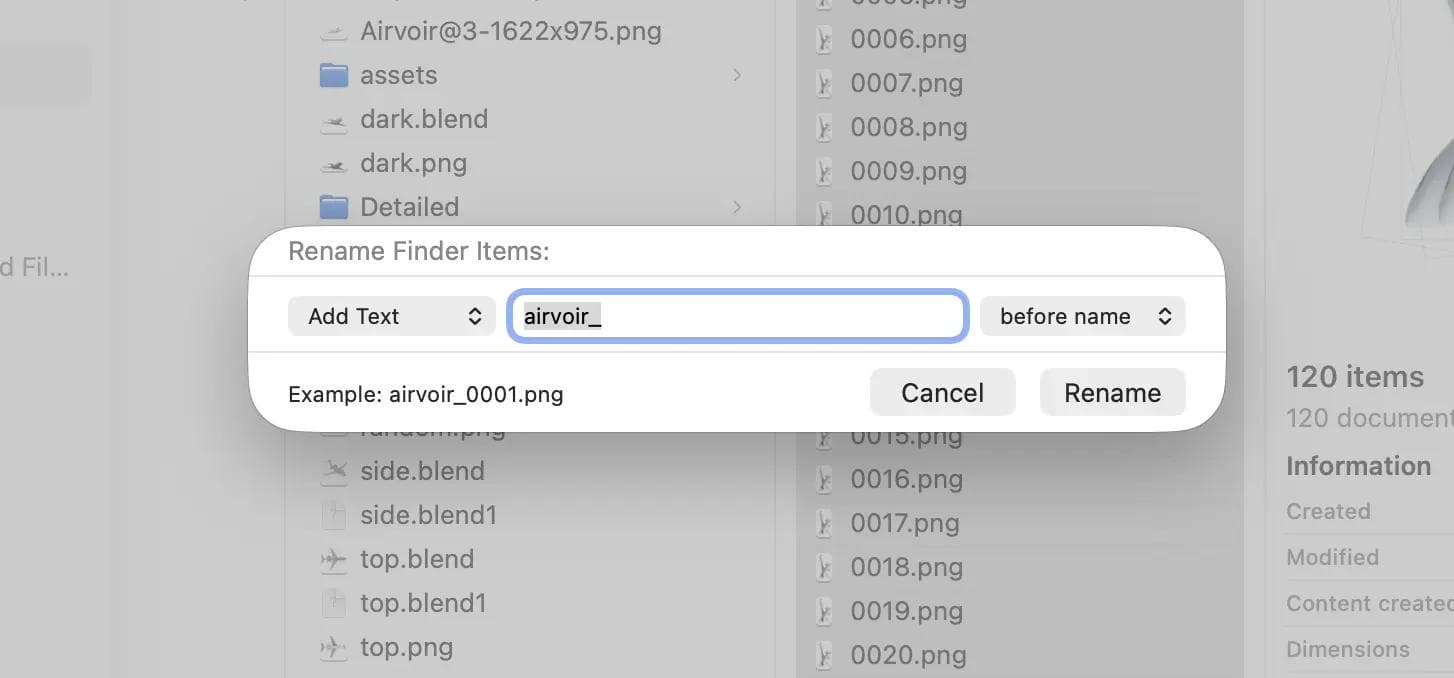 Finder batch rename dialog adding a padded prefix to a PNG image sequence